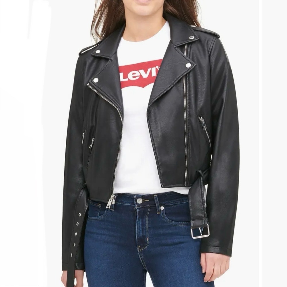 Levis NEW‎ Size Small Faux Leather Belted Moto Jacket Biker Y2K Punk